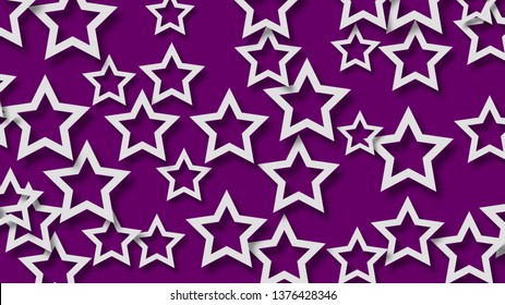Abstract illustration of randomly arranged white stars with soft shadows on purple background