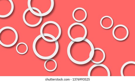 Abstract illustration of randomly arranged white rings with soft shadows on peach background