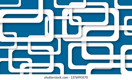 Abstract illustration of randomly arranged white rectangle frames with soft shadows on blue background