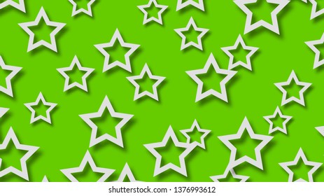 Abstract illustration of randomly arranged white stars with soft shadows on green background