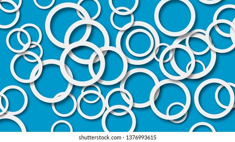 Abstract illustration of randomly arranged white rings with soft shadows on light blue background