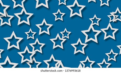 Abstract illustration of randomly arranged white stars with soft shadows on blue background