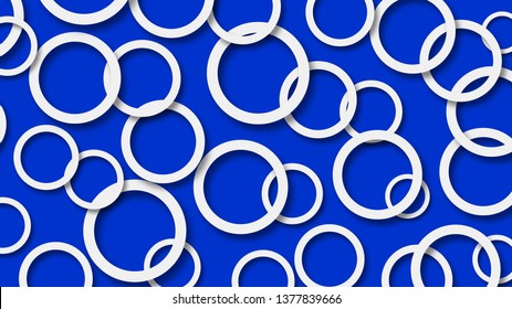 Abstract illustration of randomly arranged white rings with soft shadows on blue background