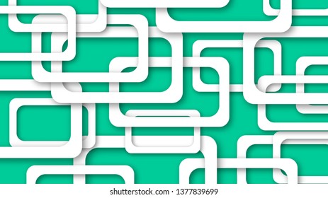 Abstract illustration of randomly arranged white rectangle frames with soft shadows on turquoise background
