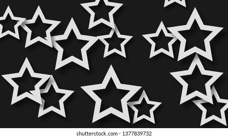 Abstract illustration of randomly arranged white stars with soft shadows on black background