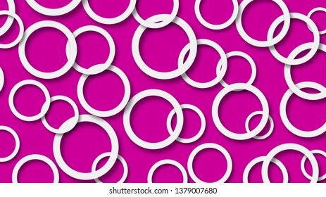 Abstract illustration of randomly arranged white rings with soft shadows on purple background