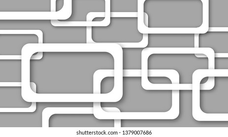 Abstract illustration of randomly arranged white rectangle frames with soft shadows on gray background