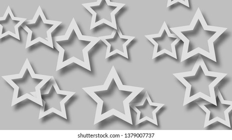 Abstract illustration of randomly arranged white stars with soft shadows on gray  background