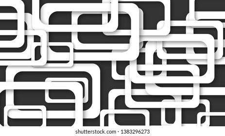 Abstract illustration of randomly arranged white rectangle frames with soft shadows on black background
