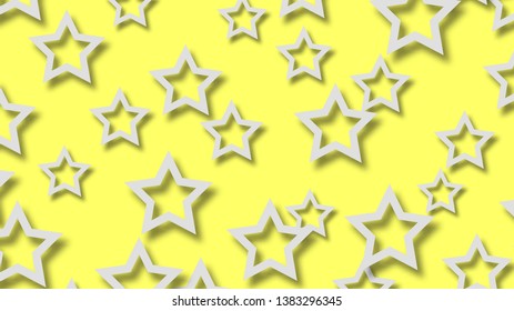 Abstract illustration of randomly arranged white stars with soft shadows on yellow background