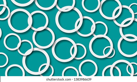 Abstract illustration of randomly arranged white rings with soft shadows on light blue background