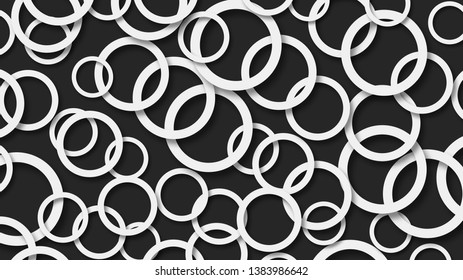 Abstract illustration of randomly arranged white rings with soft shadows on black background