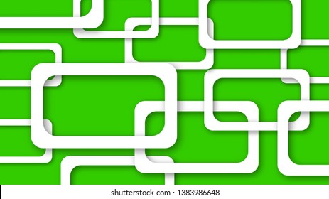 Abstract illustration of randomly arranged white rectangle frames with soft shadows on green background