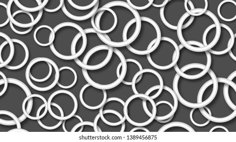 Abstract illustration of randomly arranged white rings with soft shadows on black background