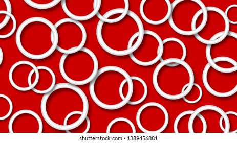 Abstract illustration of randomly arranged white rings with soft shadows on red background