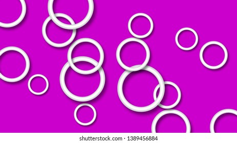 Abstract illustration of randomly arranged white rings with soft shadows on purple background