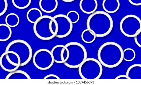 Abstract illustration of randomly arranged white rings with soft shadows on blue background