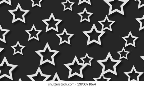 Abstract illustration of randomly arranged white stars with soft shadows on black background