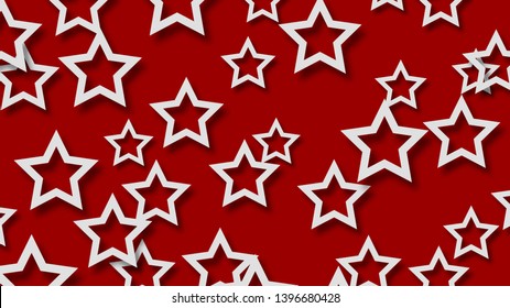 Abstract illustration of randomly arranged white stars with soft shadows on red background