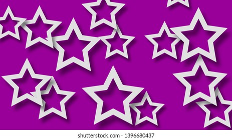 Abstract illustration of randomly arranged white stars with soft shadows on purple background