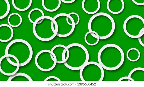 Abstract illustration of randomly arranged white rings with soft shadows on green background