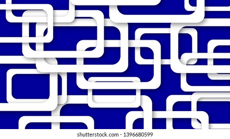 Abstract illustration of randomly arranged white rectangle frames with soft shadows on blue background