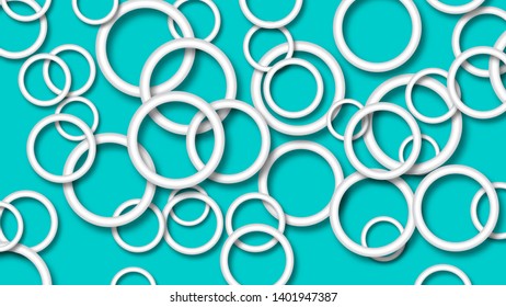 Abstract illustration of randomly arranged white rings with soft shadows on light blue background
