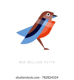 Abstract illustration of red bellied pitta. Colorful bird made from simple geometric figures. Flat vector design for print, business or zoo store logo