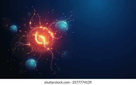 Abstract illustration of red cancer cell with DNA helix among healthy cells made of glowing neon particles. Blue geometric background on cancer disease genome analysis medical concept with copy space