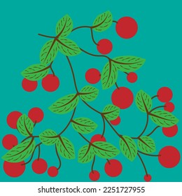 Abstract illustration of red cherry fruit and leaves on isolated turquoise background.