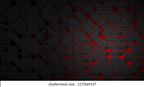 Abstract illustration of red connecting lines and dots with shadows on black background