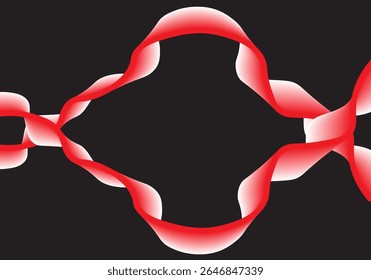 Abstract illustration with red ribbon with white gradient on black background. Symmetrical curved shapes create a sense of movement and depth in an elegant and dynamic modern composition