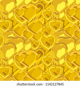 abstract illustration of a repeating pattern of bright golden heart in doodle form. creative design for surface patterns, textile, fabric and background use. 