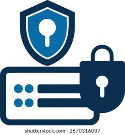 Una ilustración abstracta que representa la seguridad digital, con un escudo, una cerradura con una cerradura y Elementos que sugieren datos o una tarjeta de crédito, en azul y blanco.