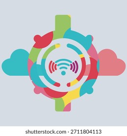 Ilustración Abstractas que representa la comunicación global y la computación en la nube, con Elementos coloridos que sugieren conectividad e intercambio de datos en un diseño vibrante y moderno.