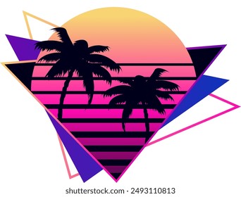 Abstract illustration of retrowave palm trees and sun in the neon triangle. Synthwave style 1980 retro cyberpunk design.