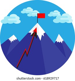 Abstract illustration of the road to success, the objectives drawn in the style of flat