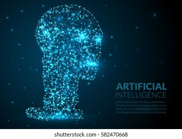 Abstract Illustration of a robot head created of lines dots and lights on a dark background -  artificial intelligence illustration - abstract space and stars - futuristic polygonal wireframe design