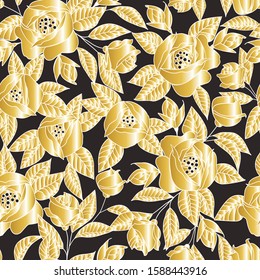 Abstract illustration of rosebuds. Golden flowers and leaves on a black background. Seamless natural graphic pattern. Beautiful, fabulous pattern for textiles and paper.