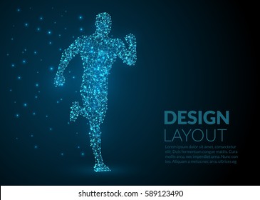 Abstract Illustration of a running man created of lines dots and lights on a dark background - abstract space and stars - futuristic polygonal wireframe design