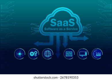 Ilustração abstrata da computação em nuvem SaaS com ícones de tecnologia e plano de fundo de rede digital. Conceito de software como um serviço, plataforma online, inovação, gerenciamento de dados, negócios de internet.