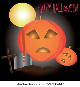 abstract illustration of scary halloween pumpkin whith a shovel near the grave