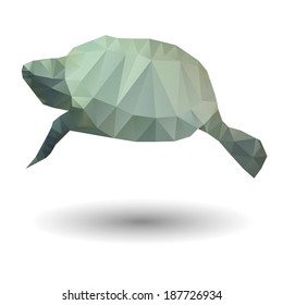 Abstract illustration of sea turtle in origami style on white background. Low poly.