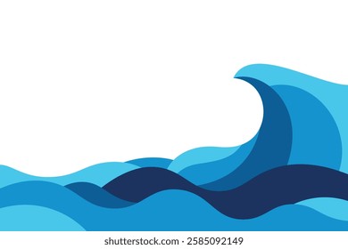 Abstract illustration of sea waves in different shades of blue on a white background.