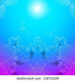 Abstract illustration, seagulls in the sky above the sea.