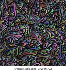 Abstract Illustration of seamless floral pattern in dark colors on black
