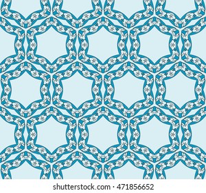 Abstract illustration of a seamless pattern of floral ornament. Vector. Blue. For the design of printed products, holiday material, fashion design