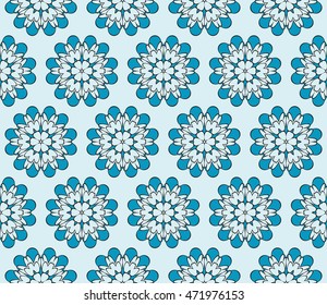 Abstract illustration of a seamless pattern of floral ornament. Vector. Blue. For the design of printed products, holiday material, fashion design