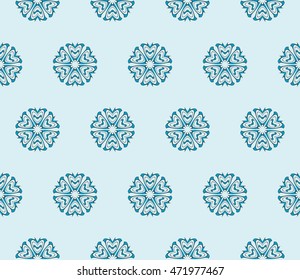 Abstract illustration of a seamless pattern of floral ornament. Vector. Blue. For the design of printed products, holiday material, fashion design