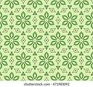 Abstract illustration of a seamless pattern of floral ornament. Vector. Green color. For the design of printed products, holiday material, fashion design